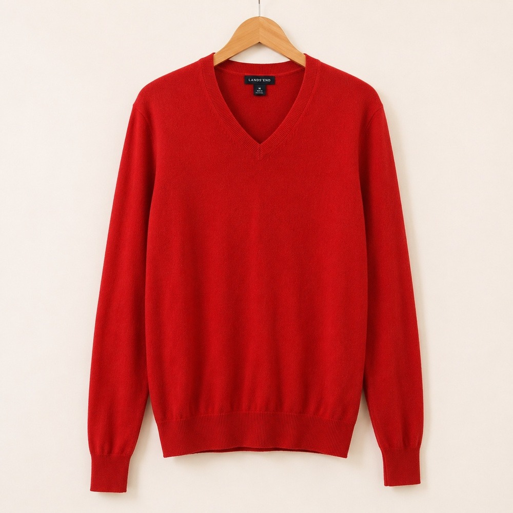Lands End Old Money V-Neck Sweater Mens Medium Red Cashmere Preppy Quiet Luxury